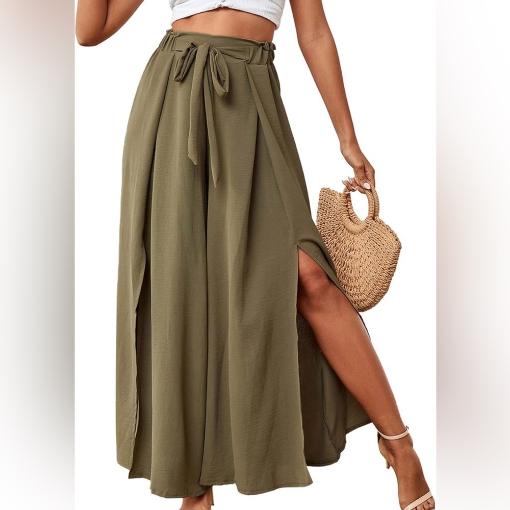 Olive Green Tie Front High Waist Side Flowy Wide Leg Pleated Pant with Belt - Picture 5 of 6